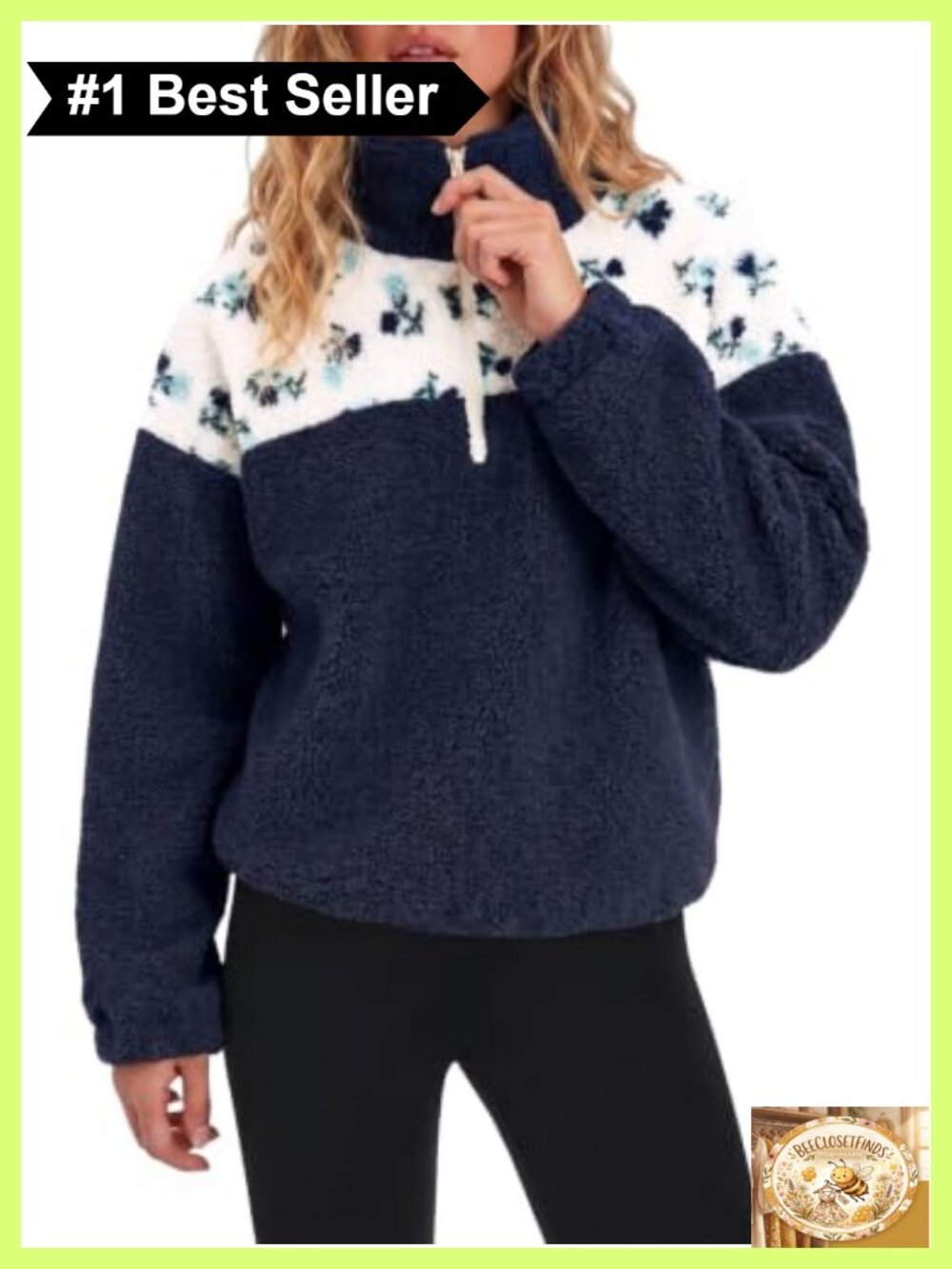 Sherpa Fleece Quarter Zip Pullover Floral Patchwork Oversized Sweatshirt